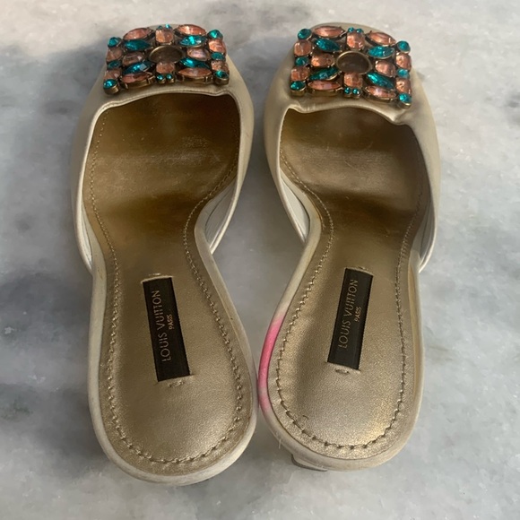 Louis Vuitton Vintage Kitten Heel Satin Jeweled Mules -Adorable. Flaw - Picture 5 of 13